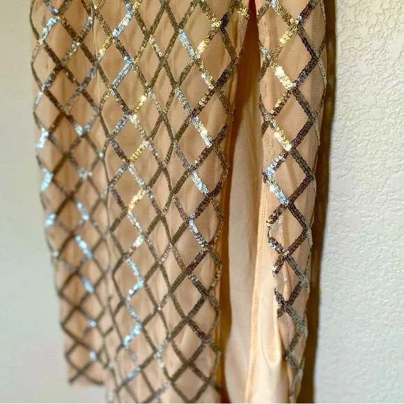 Boohoo Midi V Cut Neckline Thigh Split Sequin Cream Dress Women Petite Zero - Picture 14 of 14